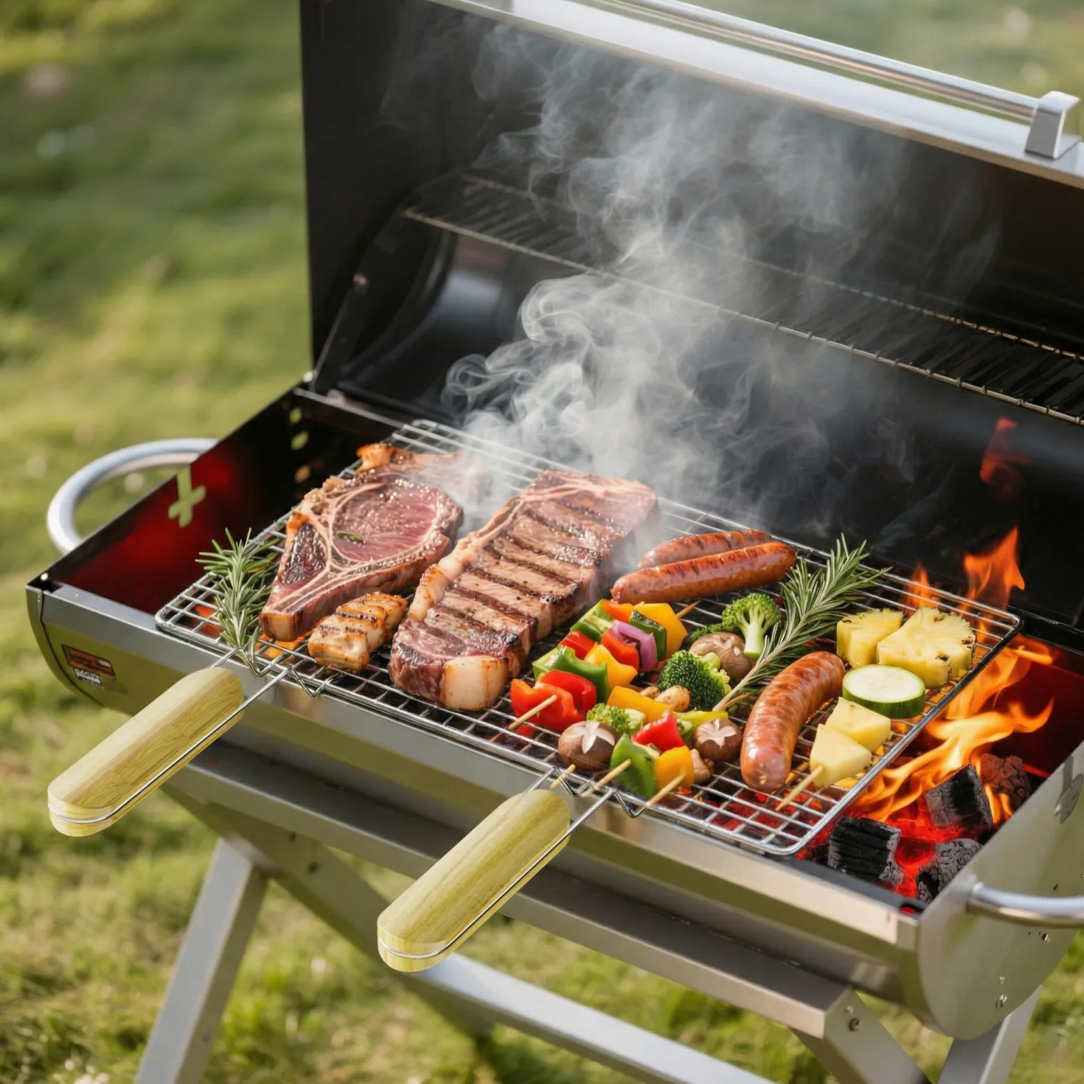 BBQ Grillrost Eckig 60x40cm aus Hochwertigem Edelstahl mit Handgriffen für Gasgrill, Kugelgrill usw.