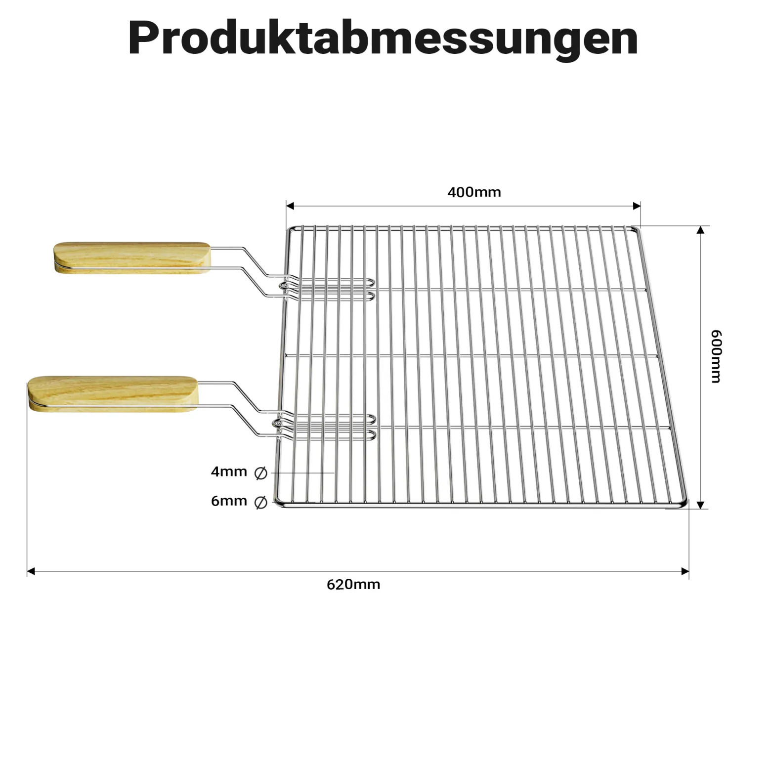 BBQ Grillrost Eckig 60x40cm aus Hochwertigem Edelstahl mit Handgriffen für Gasgrill, Kugelgrill usw.
