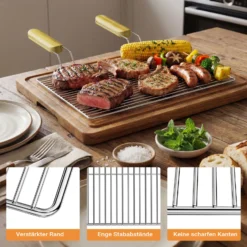 BBQ Grillrost Eckig 60x40cm aus Hochwertigem Edelstahl mit Handgriffen für Gasgrill, Kugelgrill usw.