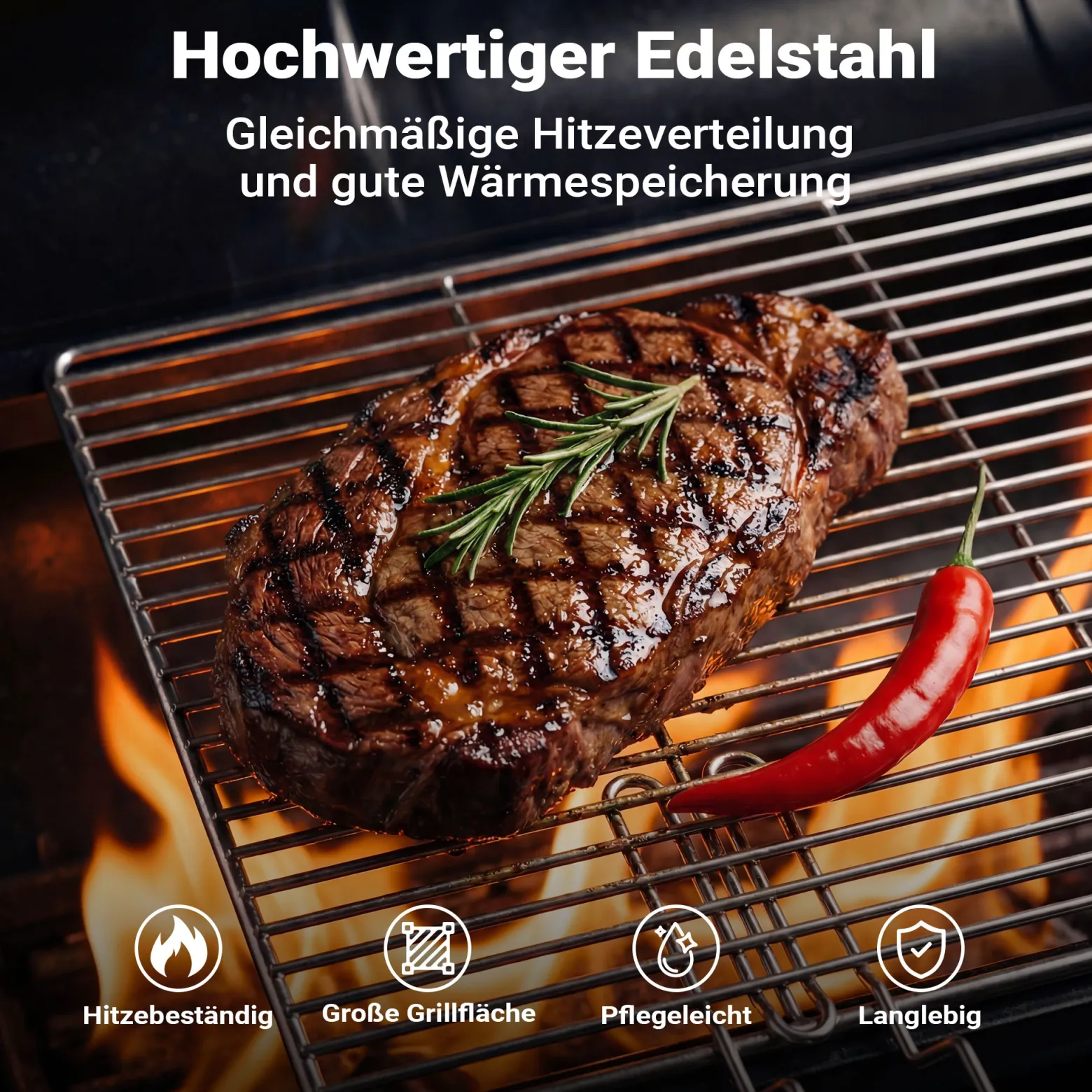 BBQ Grillrost Eckig 60x40cm aus Hochwertigem Edelstahl mit Handgriffen für Gasgrill, Kugelgrill usw.