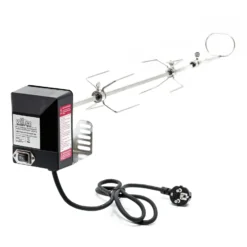 BBQ Grillspieß 82cm 230V aus Edelstahl, inkl. 2 Fleischklammern, Drehspieß Rôtisserie