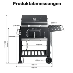 BBQ Holzkohle Grillwagen mit Deckel, Ablage und Feuerklappe, Höhenregulierung für Kohle, Thermometer