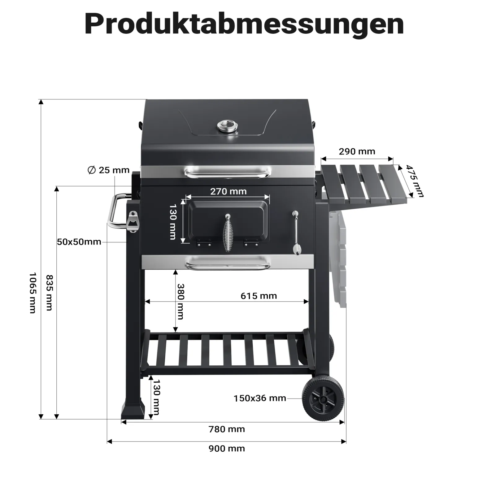 BBQ Holzkohle Grillwagen mit Deckel, Ablage und Feuerklappe, Höhenregulierung für Kohle, Thermometer