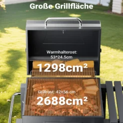 BBQ Holzkohle Grillwagen mit Deckel, Ablage und Feuerklappe, Höhenregulierung für Kohle, Thermometer