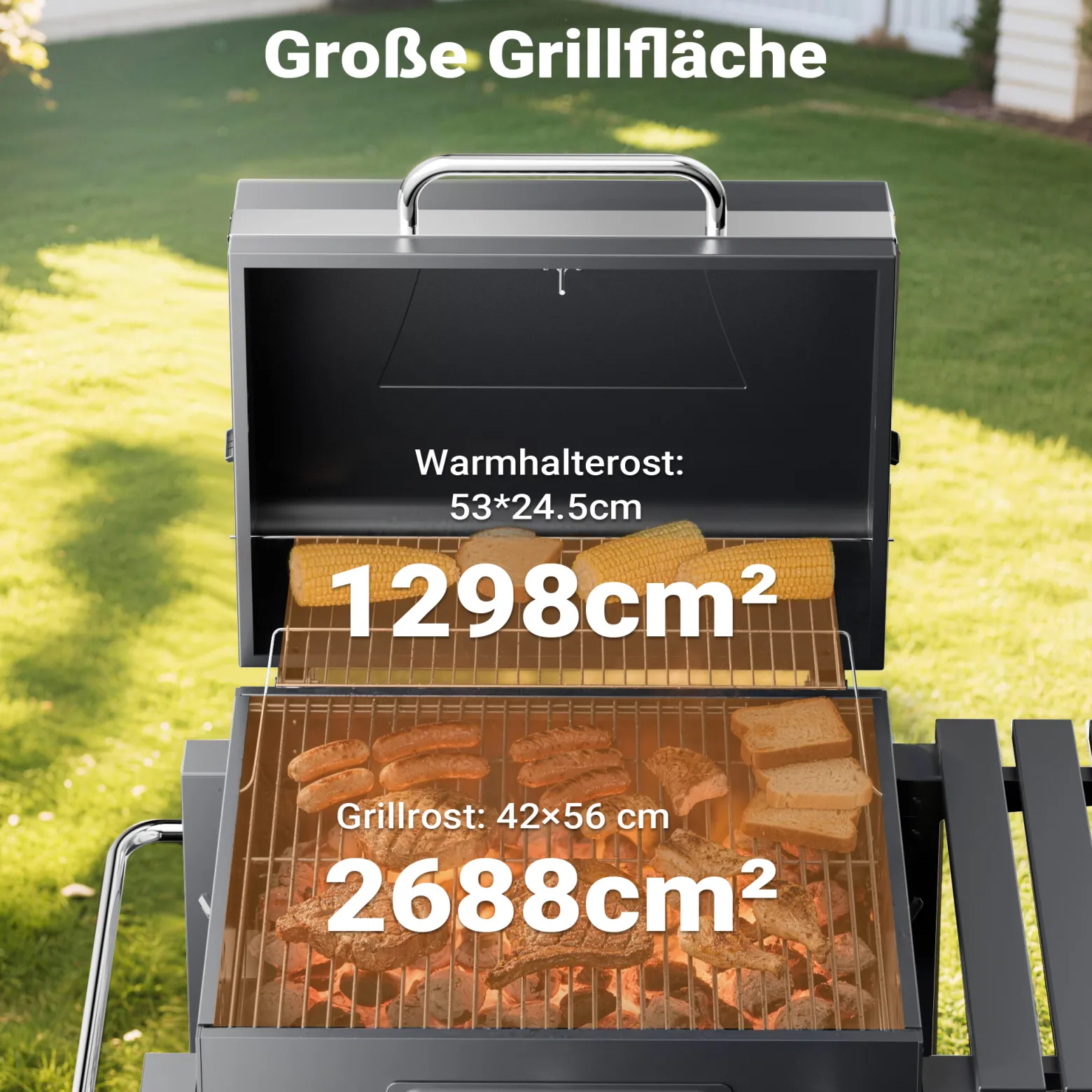 BBQ Holzkohle Grillwagen mit Deckel, Ablage und Feuerklappe, Höhenregulierung für Kohle, Thermometer