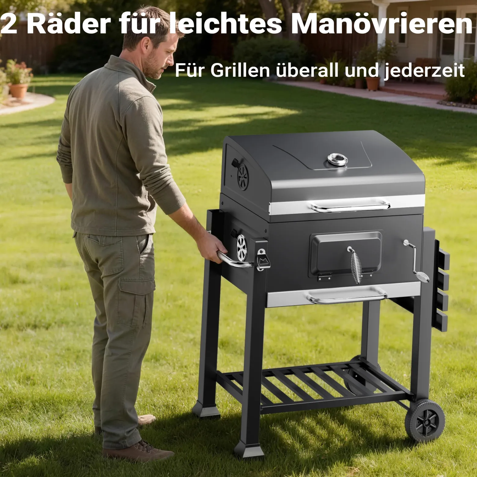 BBQ Holzkohle Grillwagen mit Deckel, Ablage und Feuerklappe, Höhenregulierung für Kohle, Thermometer
