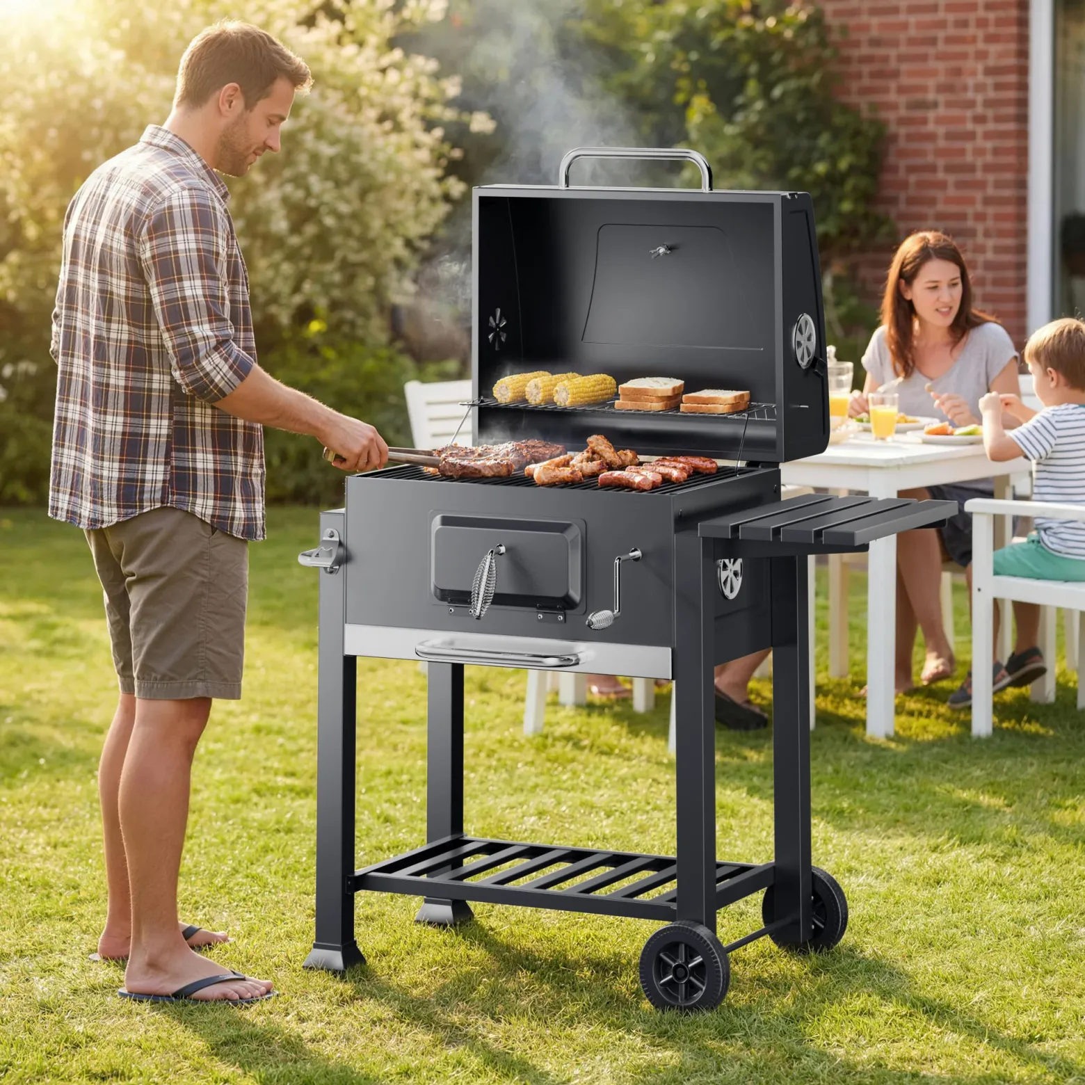 BBQ Holzkohle Grillwagen mit Deckel, Ablage und Feuerklappe, Höhenregulierung für Kohle, Thermometer