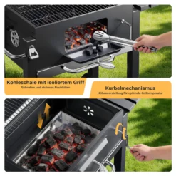 BBQ Holzkohle Grillwagen mit Deckel, Ablage und Feuerklappe, Höhenregulierung für Kohle, Thermometer