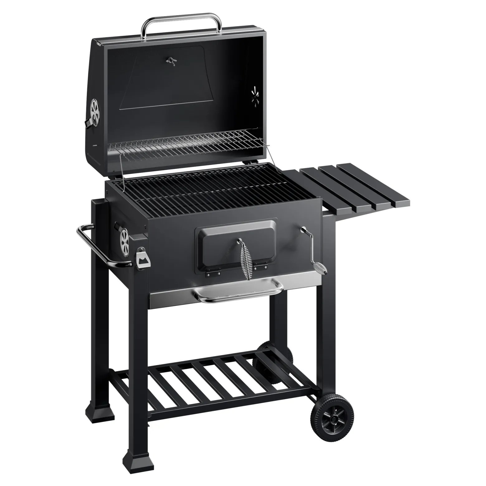 BBQ Holzkohle Grillwagen mit Deckel, Ablage und Feuerklappe, Höhenregulierung für Kohle, Thermometer