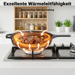 Bratpfanne aus Gusseisen Ø30cm, Feuerpfanne mit Griff und Ausgießer, Grillpfanne