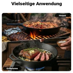 Bratpfanne aus Gusseisen Ø30cm, Feuerpfanne mit Griff und Ausgießer, Grillpfanne