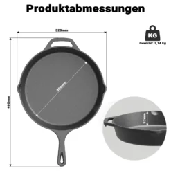 Bratpfanne aus Gusseisen Ø30cm, Feuerpfanne mit Griff und Ausgießer, Grillpfanne