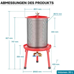 Edelstahl Hydropresse mit 20 Liter Korbinhalt, Wasserdruckpresse mit 3 bar zum Pressen von Obst