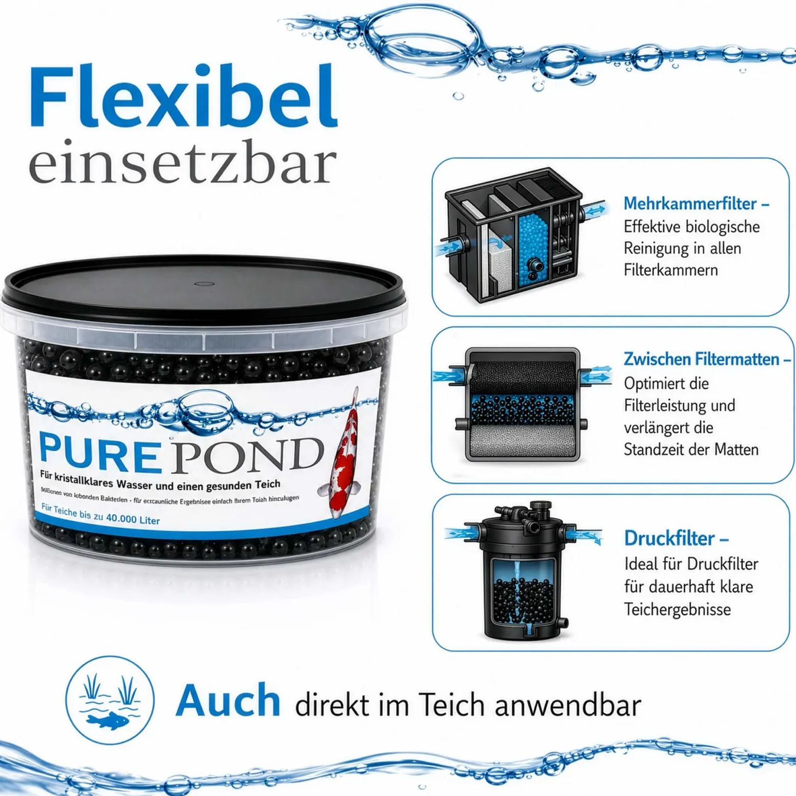 Evolution Aqua Pure Pond 2000 ml für Teiche bis 40000 l, Gelbälle Filterbakterien Biostarter für Teich und Teichfilter, Teichpflege