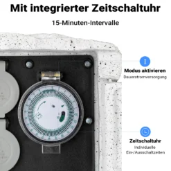 2-fach Gartensteckdose Außensteckdose Kunstharz Zeitschaltuhr IP44 Outdoor Steinoptik 5m Kabel
