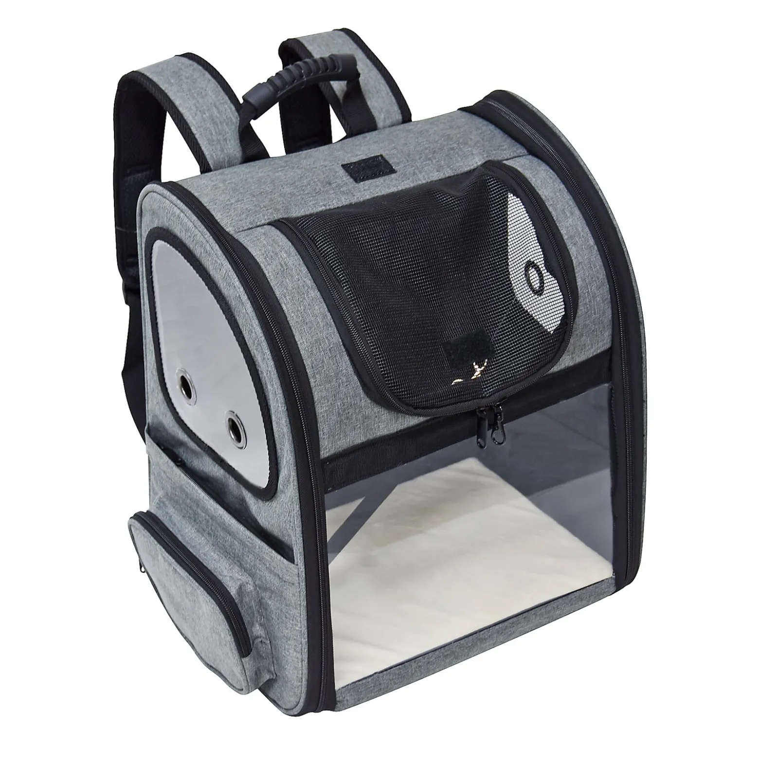 Fudajo Ausziehbarer Haustier Rucksack 27x35,5x41,5 cm bis 6kg, Hunderucksack, Katzenrucksack mit Netz und Fenstern, Schwarz und Grau