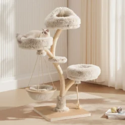 Fudajo Designer Kratzbaum in Zweigdesign 130 cm hoch, Katzenkratzbaum mit Plüsch und Sisal, Kletterbaum für Katzen, Katzenbaum mit Hängeliege