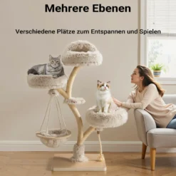Fudajo Designer Kratzbaum in Zweigdesign 130 cm hoch, Katzenkratzbaum mit Plüsch und Sisal, Kletterbaum für Katzen, Katzenbaum mit Hängeliege