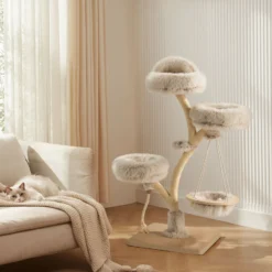 Fudajo Designer Kratzbaum in Zweigdesign 130 cm hoch, Katzenkratzbaum mit Plüsch und Sisal, Kletterbaum für Katzen, Katzenbaum mit Hängeliege