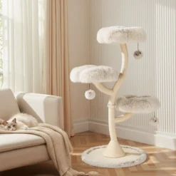 Fudajo Designer Kratzbaum mit 3 Mulden, Katzenkratzbaum Ø 59 cm und 125 cm Höhe, Katzenbaum bis max. 15 kg mit Sisal und Plüsch, Katzenmöbel mit 3 Etagen