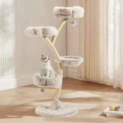 Fudajo Designer Kratzbaum 59 x 59 x 155 cm, Katzenkratzbaum mit Plüsch und Sisal, Kletterbaum für Katzen, Katzenbaum mit Spielbällen