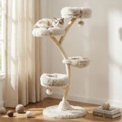 Fudajo Designer Kratzbaum 59 x 59 x 155 cm, Katzenkratzbaum mit Plüsch und Sisal, Kletterbaum für Katzen, Katzenbaum mit Spielbällen