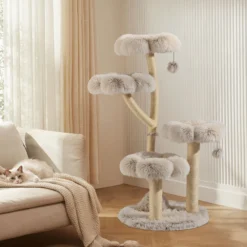 Fudajo Designer Kratzbaum 59 x 59 x 123 cm, Katzenkratzbaum mit Plüsch und Sisal, Kletterbaum für Katzen, Katzenbaum mit Spielbällen