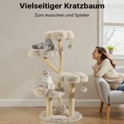 Fudajo Designer Kratzbaum 59 x 59 x 123 cm, Katzenkratzbaum mit Plüsch und Sisal, Kletterbaum für Katzen, Katzenbaum mit Spielbällen