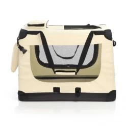 Fudajo Faltbare Transportbox für Hunde, Katzen XL (82x56x58cm), robust, leicht, sicher, Hundebox mit Tragegriff und Decke, Beige