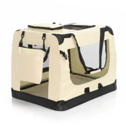 Fudajo Faltbare Transportbox für Hunde, Katzen XL (82x56x58cm), robust, leicht, sicher, Hundebox mit Tragegriff und Decke, Beige