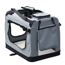 Fudajo Faltbare Transportbox für Hunde, Katzen L (70x52x50cm), robust, leicht, sicher, Hundebox mit Tragegriff und Decke, Grau