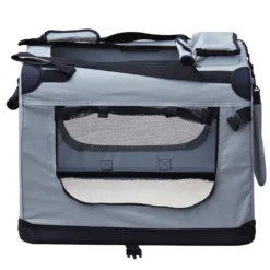 Fudajo Faltbare Transportbox für Hunde, Katzen L (70x52x50cm), robust, leicht, sicher, Hundebox mit Tragegriff und Decke, Grau