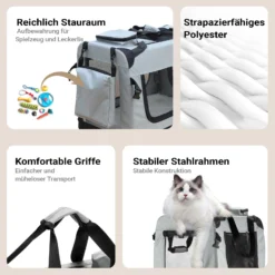 Fudajo Faltbare Transportbox für Hunde, Katzen M (60x42x44cm), robust, leicht, sicher, Hundebox mit Tragegriff und Decke, Grau