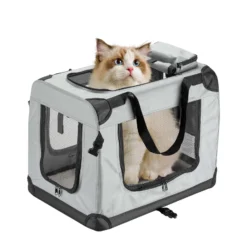 Fudajo Faltbare Transportbox für Hunde, Katzen M (60x42x44cm), robust, leicht, sicher, Hundebox mit Tragegriff und Decke, Grau