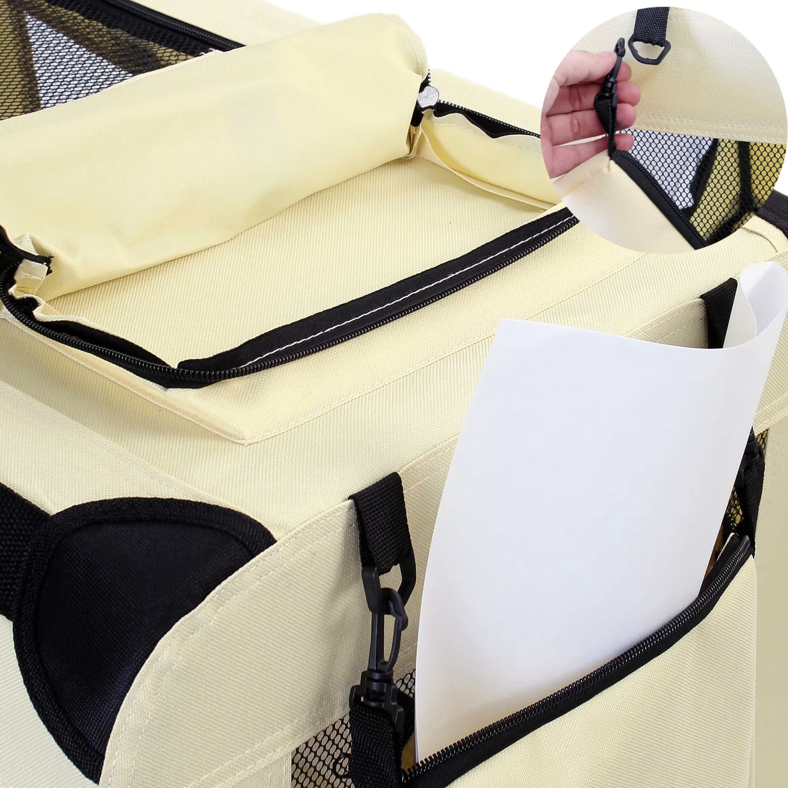 Fudajo Faltbare Transportbox für Hunde, Katzen L (70x52x50cm), robust, leicht, sicher, Hundebox mit Tragegriff und Decke, Beige