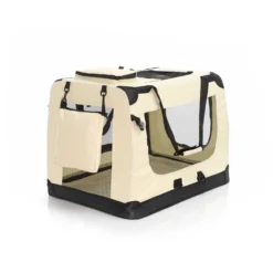 Fudajo Faltbare Transportbox für Hunde, Katzen L (70x52x50cm), robust, leicht, sicher, Hundebox mit Tragegriff und Decke, Beige