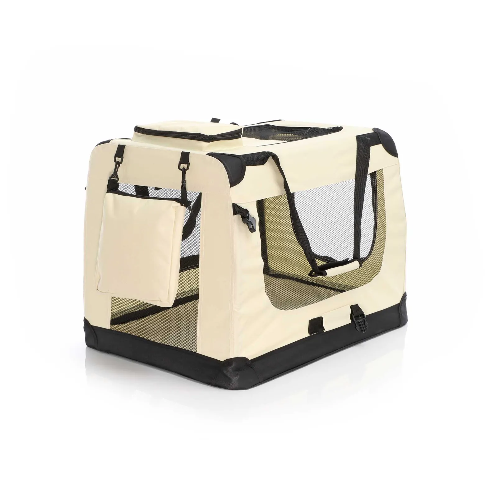 Fudajo Faltbare Transportbox für Hunde, Katzen L (70x52x50cm), robust, leicht, sicher, Hundebox mit Tragegriff und Decke, Beige