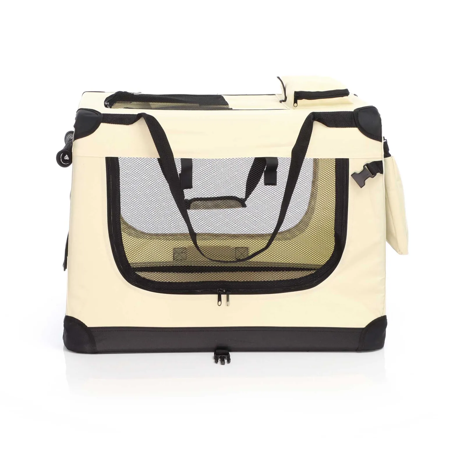 Fudajo Faltbare Transportbox für Hunde, Katzen L (70x52x50cm), robust, leicht, sicher, Hundebox mit Tragegriff und Decke, Beige