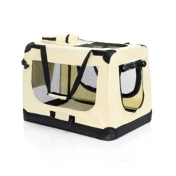 Fudajo Faltbare Transportbox für Hunde, Katzen L (70x52x50cm), robust, leicht, sicher, Hundebox mit Tragegriff und Decke, Beige