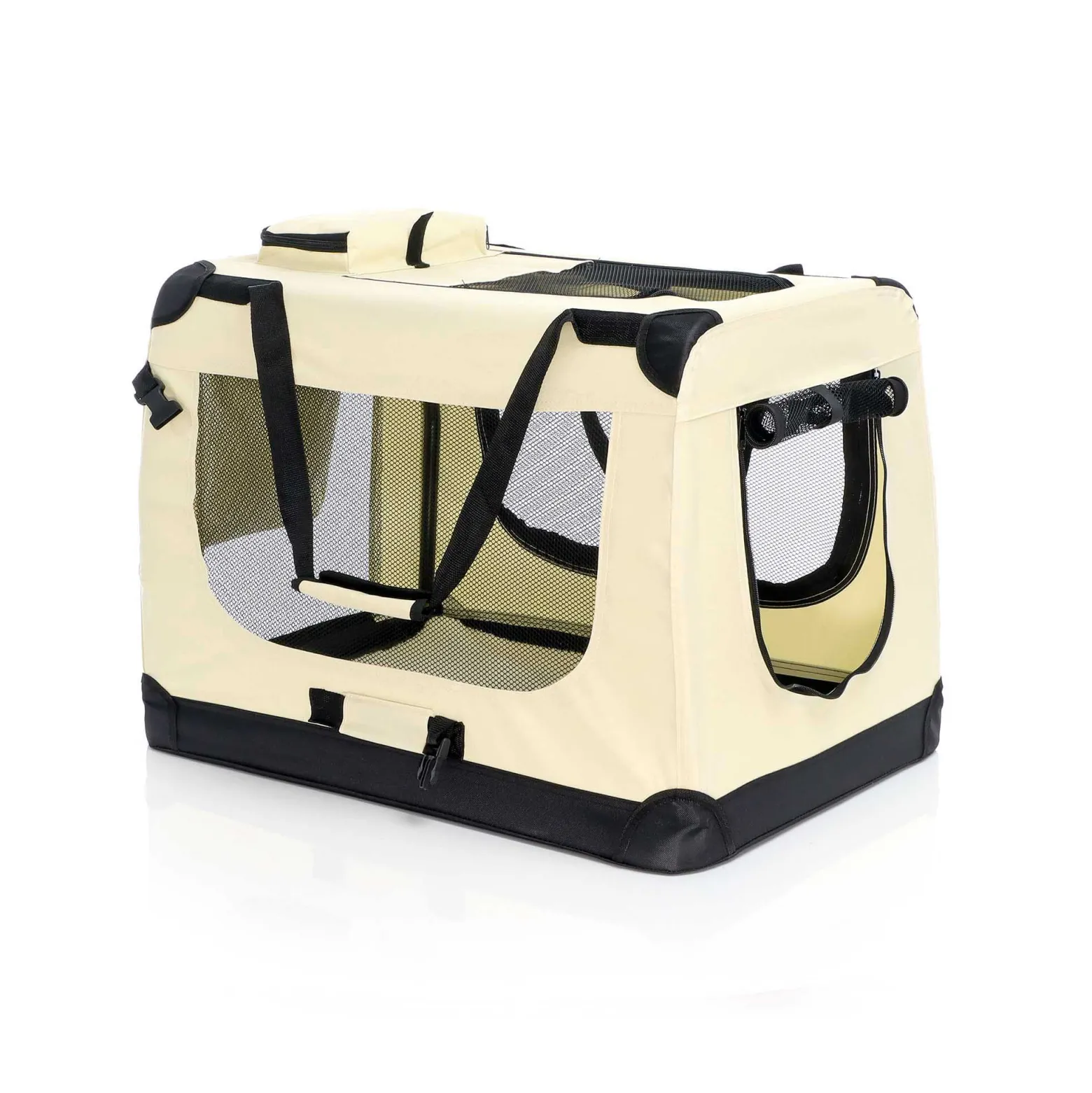 Fudajo Faltbare Transportbox für Hunde, Katzen L (70x52x50cm), robust, leicht, sicher, Hundebox mit Tragegriff und Decke, Beige