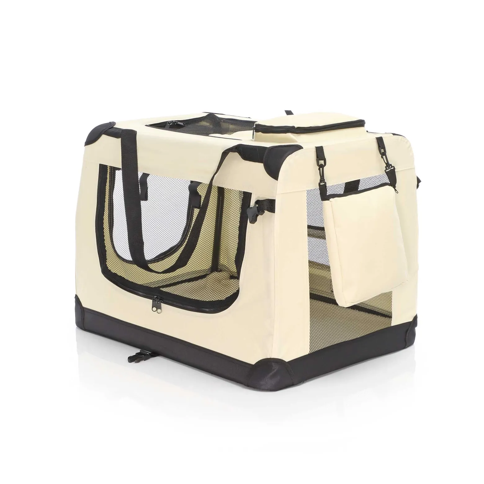 Fudajo Faltbare Transportbox für Hunde, Katzen L (70x52x50cm), robust, leicht, sicher, Hundebox mit Tragegriff und Decke, Beige