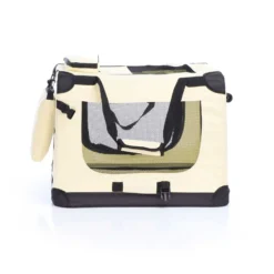 Fudajo Faltbare Transportbox für Hunde, Katzen M (60x42x44cm), robust, leicht, sicher, Hundebox mit Tragegriff und Decke, Beige