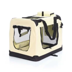 Fudajo Faltbare Transportbox für Hunde, Katzen M (60x42x44cm), robust, leicht, sicher, Hundebox mit Tragegriff und Decke, Beige
