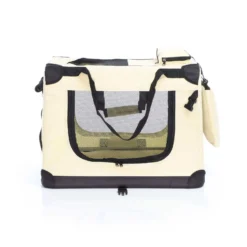 Fudajo Faltbare Transportbox für Hunde, Katzen M (60x42x44cm), robust, leicht, sicher, Hundebox mit Tragegriff und Decke, Beige