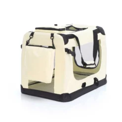 Fudajo Faltbare Transportbox für Hunde, Katzen M (60x42x44cm), robust, leicht, sicher, Hundebox mit Tragegriff und Decke, Beige
