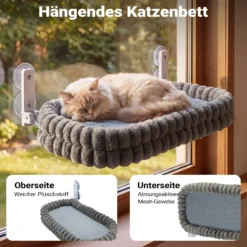Fudajo Fenster Katzenhängematte 30 x 60 cm dunkelgrau, Katzenbett Hängematte bis 10 kg, Fensterliege Katze platzsparender Schlafplatz mit Saugnäpfen