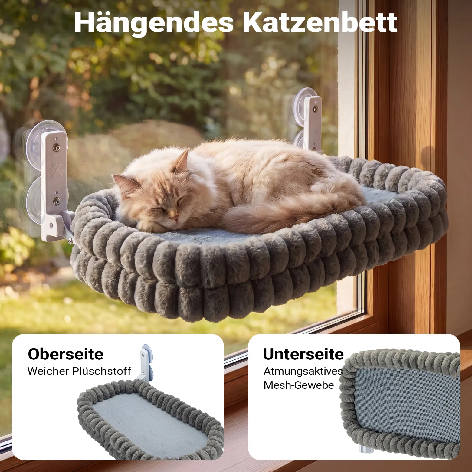 Fudajo Fenster Katzenhängematte 30 x 60 cm dunkelgrau, Katzenbett Hängematte bis 10 kg, Fensterliege Katze platzsparender Schlafplatz mit Saugnäpfen
