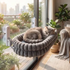 Fudajo Fenster Katzenhängematte 30 x 60 cm dunkelgrau, Katzenbett Hängematte bis 10 kg, Fensterliege Katze platzsparender Schlafplatz mit Saugnäpfen