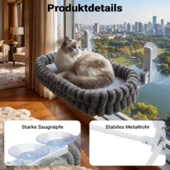 Fudajo Fenster Katzenhängematte 30 x 60 cm dunkelgrau, Katzenbett Hängematte bis 10 kg, Fensterliege Katze platzsparender Schlafplatz mit Saugnäpfen