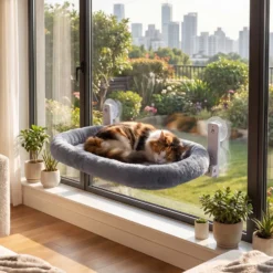 Fudajo Fenster Katzenhängematte 30 x 52 cm dunkelgrau, Katzenbett Hängematte bis 10 kg, Fensterliege für Katzen platzsparender Schlafplatz mit Saugnäpfen